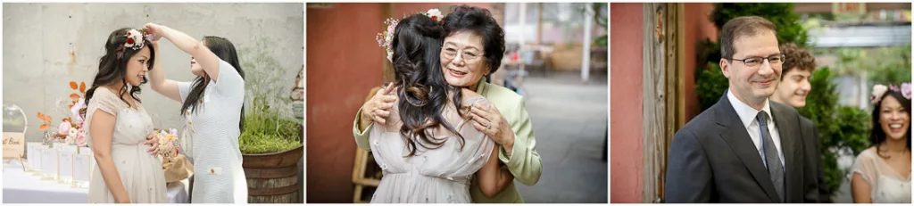 Four pictures of a bride and groom hugging each other.