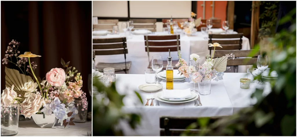 A table set up with flowers and plates at Frankies 457 Spuntino.