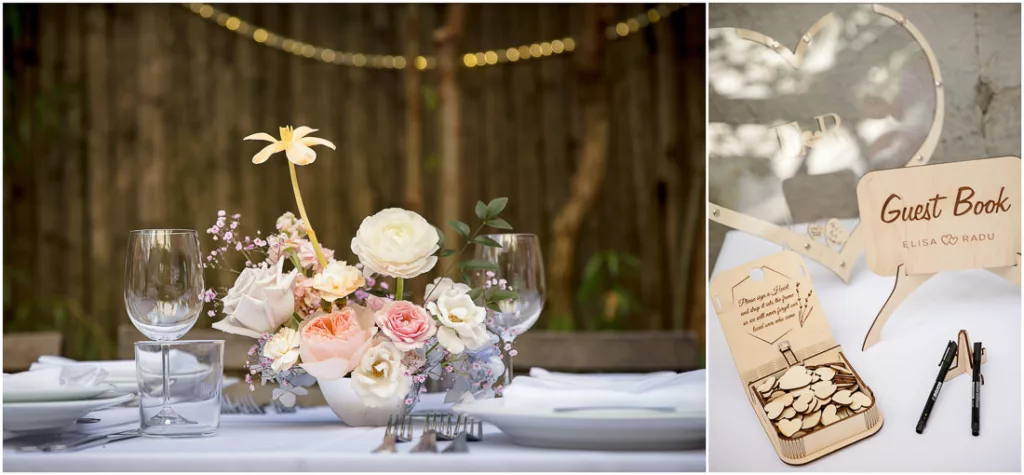 A table setting with flowers and a sign for a wedding.