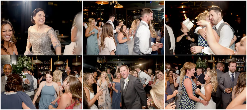 A collage of photos of people dancing at a wedding reception at The Skylark in NYC.
