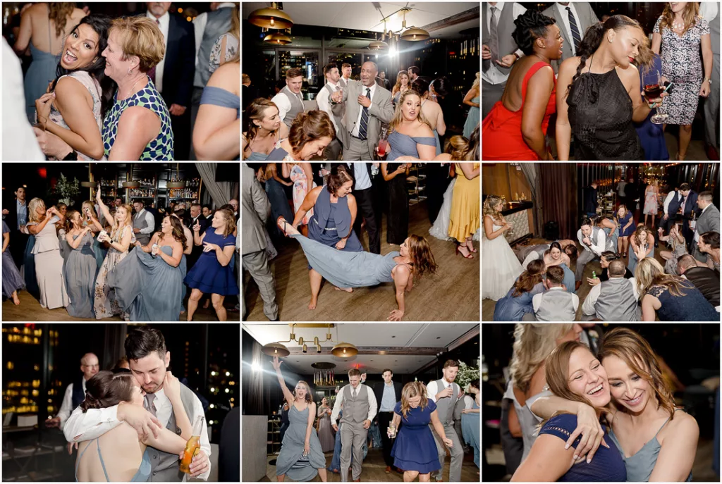 A collage of photos of people dancing at a wedding at The Skylark in NYC.