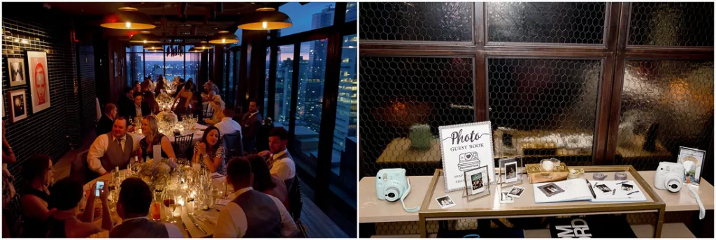 Two pictures of people at a table at a restaurant with a view of the city.