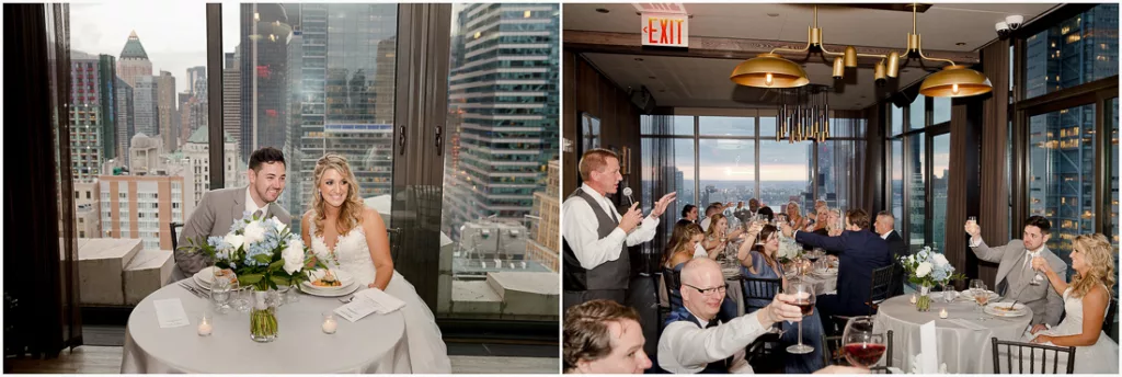 A bride and groom at a table with a view of the city at The Skylark in NYC.