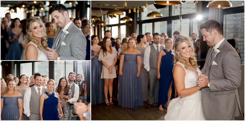 A bride and groom dance at their wedding reception at The Skylark in NYC.