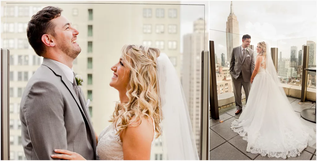 A man and woman standing on a balcony.