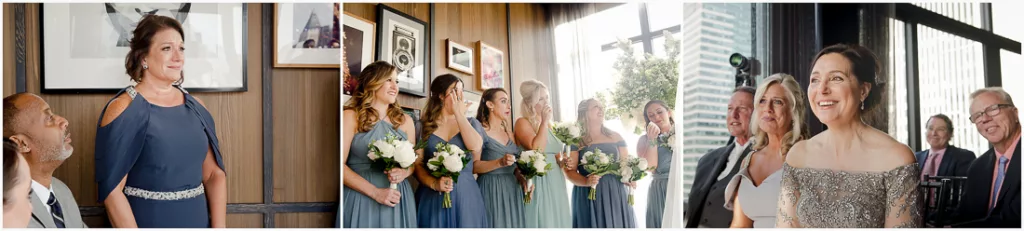 A bride and her bridesmaids are posing in front of a mirror.