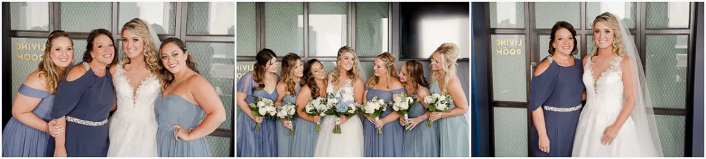 A bride and her bridesmaids pose for a photo.