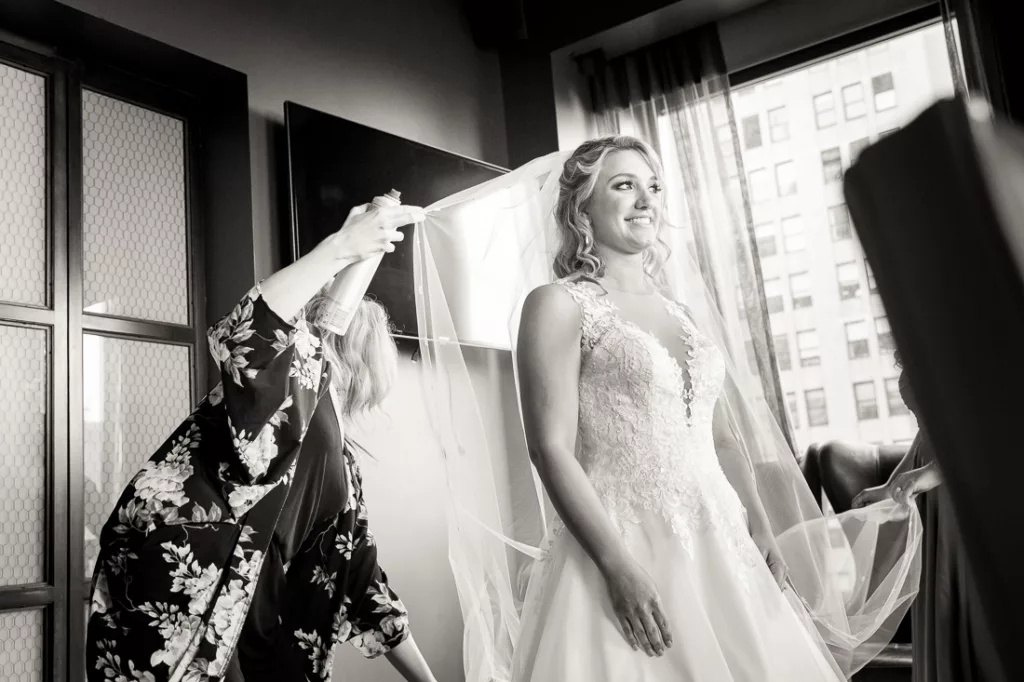 A woman wearing a wedding dress.