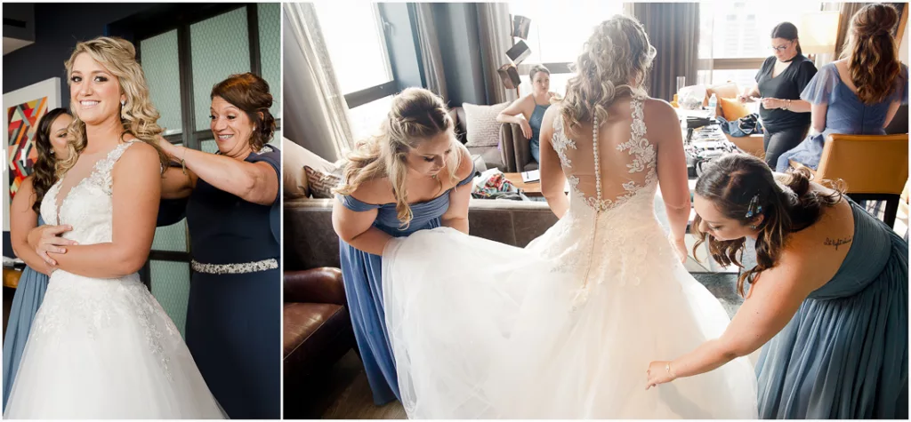 A bride getting ready in her wedding dress.
