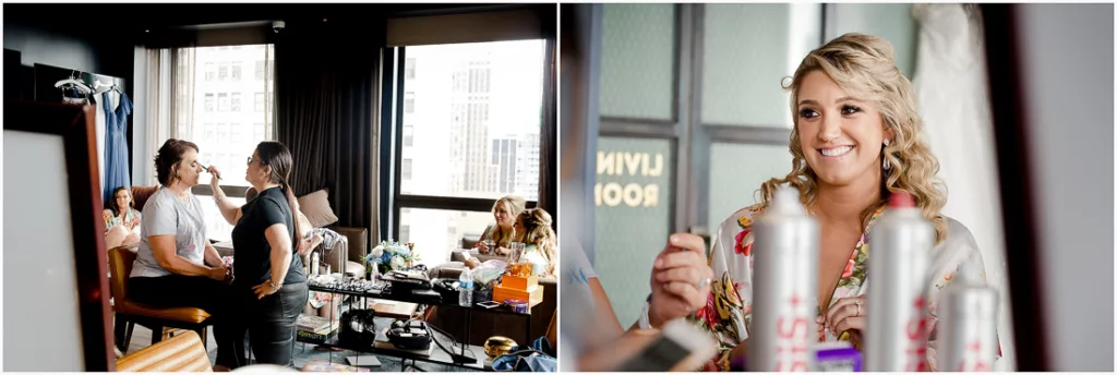 Two pictures of a woman getting ready for her wedding.