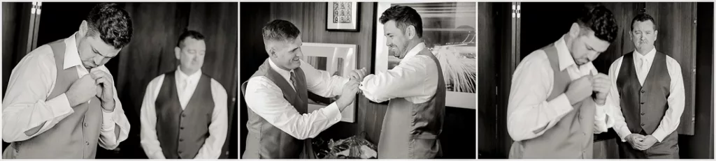 Three black and white photos of a man putting on his tie.