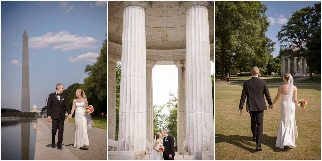A bride and groom pose at the National Mall, near the Washington Monument and a marble pavilion, holding hands and walking together outdoors.