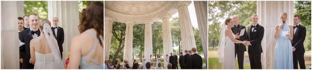 A wedding ceremony takes place outdoors under a domed structure with columns; the bride and groom stand with officiant and guests seated nearby.