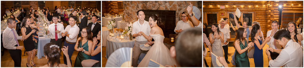 Three photos show a wedding reception with guests dancing, a bride and groom embracing on the dance floor, and people celebrating in a warmly lit, rustic venue.