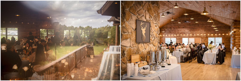 Two photos of a rustic indoor wedding at The Lodge at Little Seneca Creek; guests are seated at tables, and a buffet with drinks is set up near a stone wall decorated with a deer head art piece.