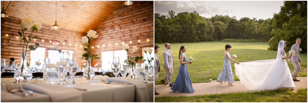 Left: A rustic indoor wedding reception with tables set and white roses in vases. Right: A bride in a white dress walks outside with her bridal party on a sunny day.