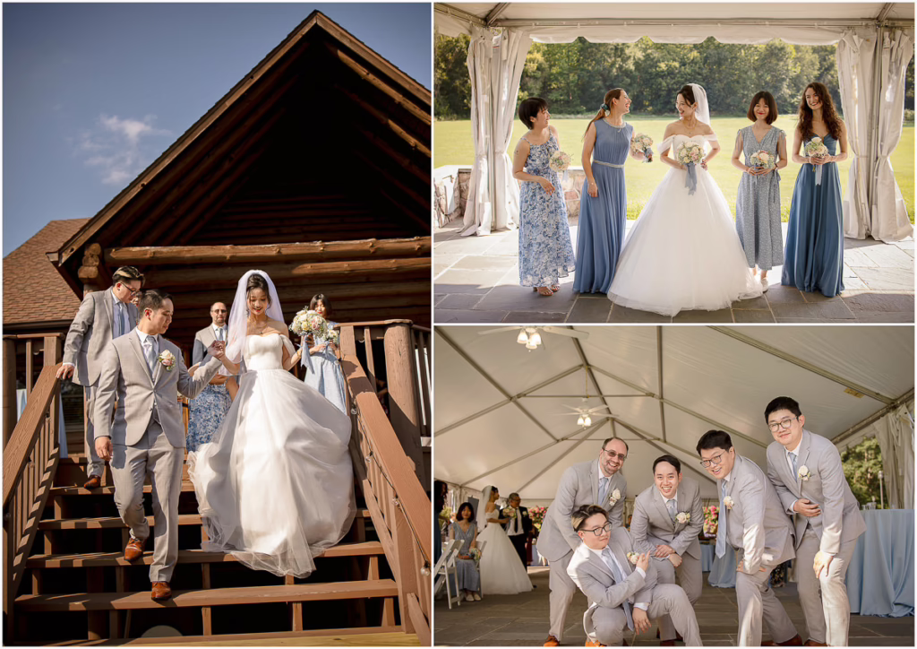 A wedding collage shows the bride and groom on wooden stairs, the bride with bridesmaids outdoors, and groomsmen posing under a tent.