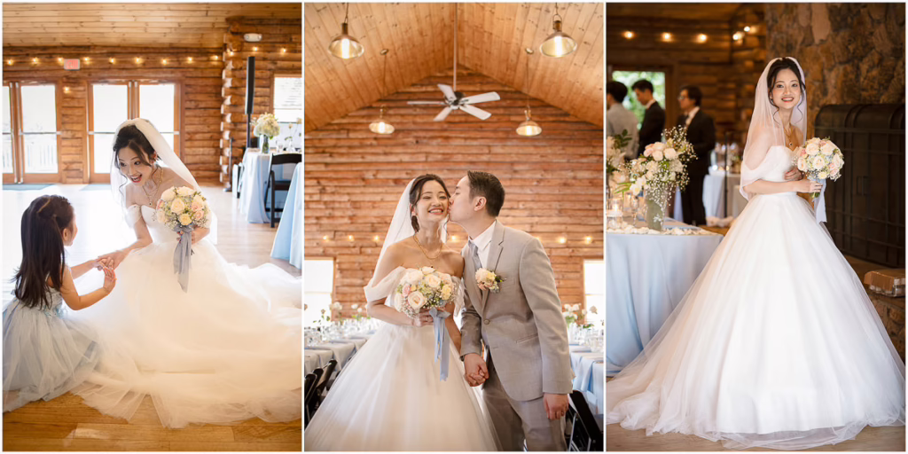 A bride in a white gown poses with a young girl, stands with her groom, and smiles while holding a bouquet inside a rustic, wooden wedding venue.