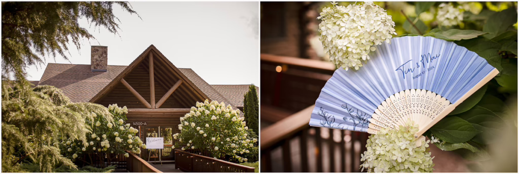 A log cabin surrounded by hydrangeas on the left; on the right, a blue paper fan with signatures rests on white hydrangea blooms.